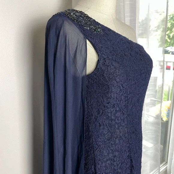 Adrianna Papell Navy Cape-Sleeved Evening Lace Gown One Shoulder Dress Size 6 - Picture 6 of 13